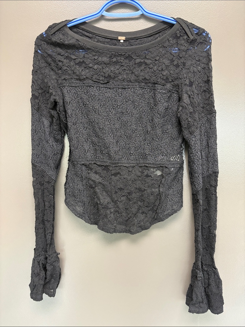 Free People Whimsigoth bell sleeve Black Floral Lace Long Sleeve Top